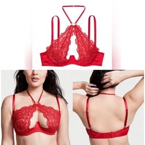 Victoria's Secret Lace Halter Bralette Keyhole Unlined Sexy Lingerie Red 32D New